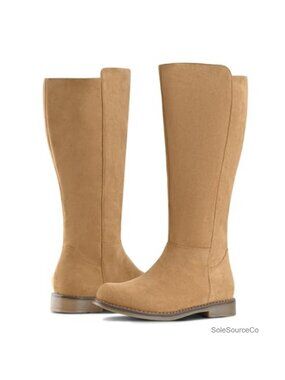 Wide Calf Knee High Boots Low Heel Stretchy Suede Side Zip